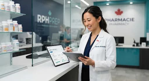 Canadian pharmacist reviewing clinical content on a tablet